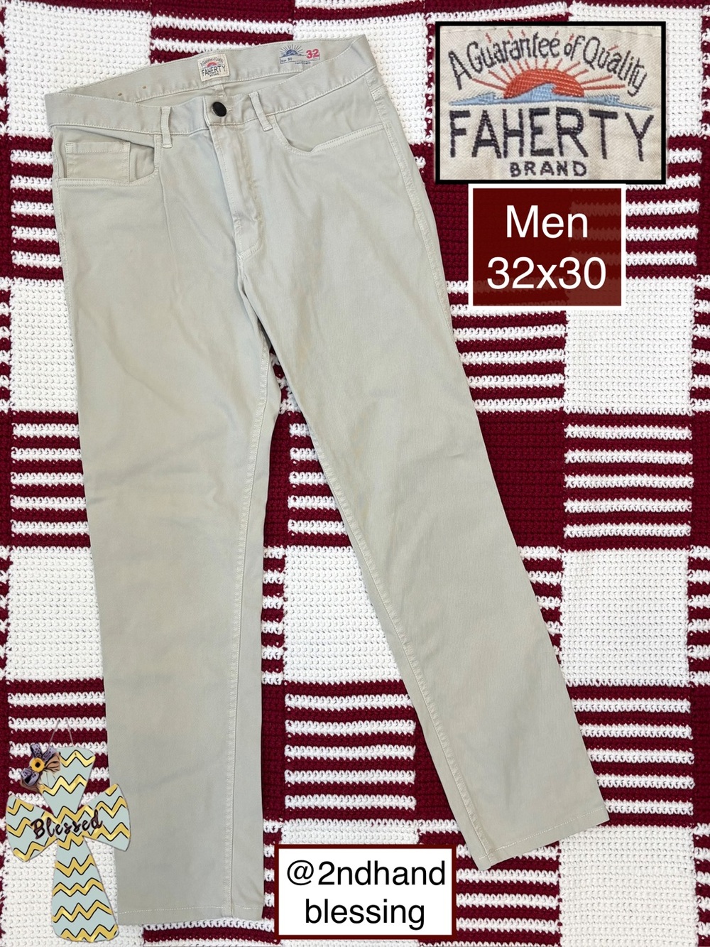 Faherty Men's Comfort Twill 5-Pocket Pant, Sz 32x30, Stone/Beige Color